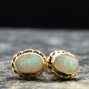 Fiery White 6x4mm Opal Cabochan Earrings Vintage 14k Yellow Gold Milgrain Cable